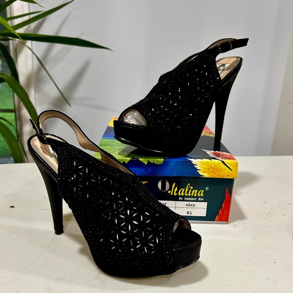 Italina Black Peep-Toe Heels - Picture 1 of 7